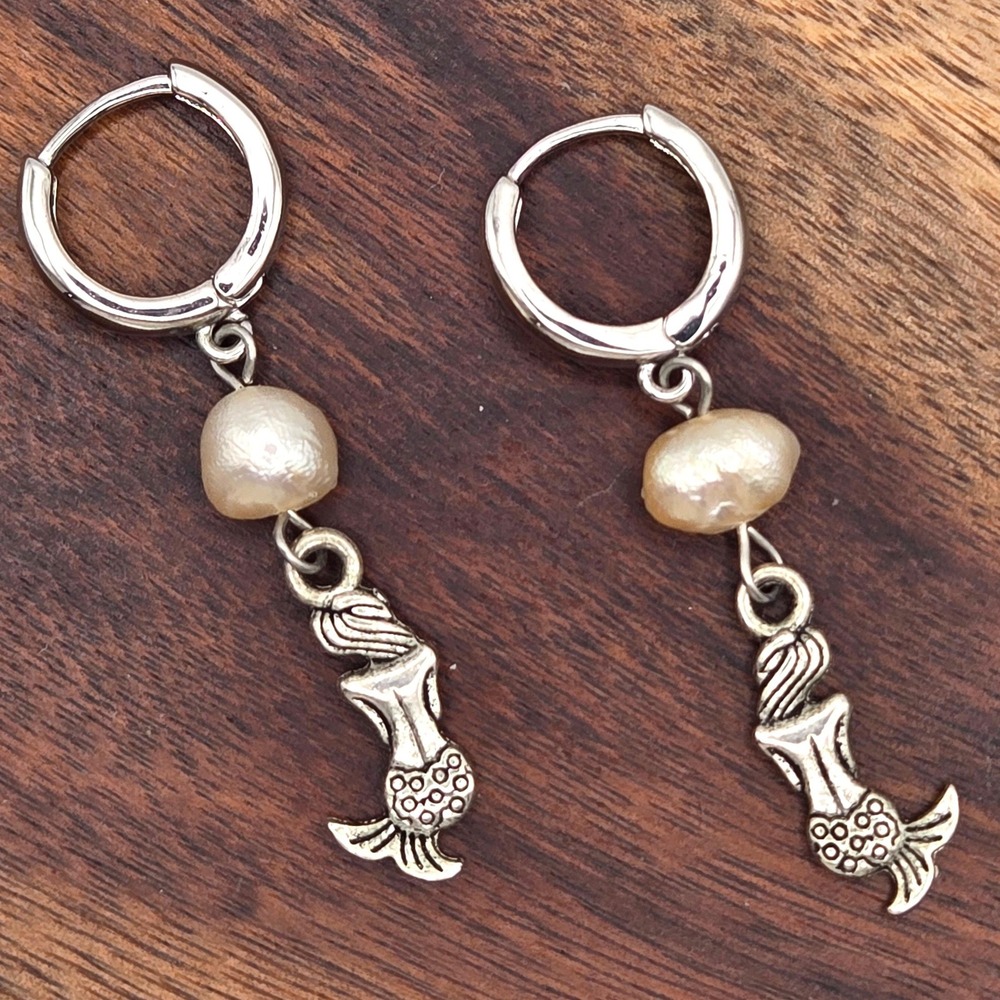 Silver Tone Mermaid Pearl Drop Huggie Hoop Earrings Nautical Beach Jewelry
